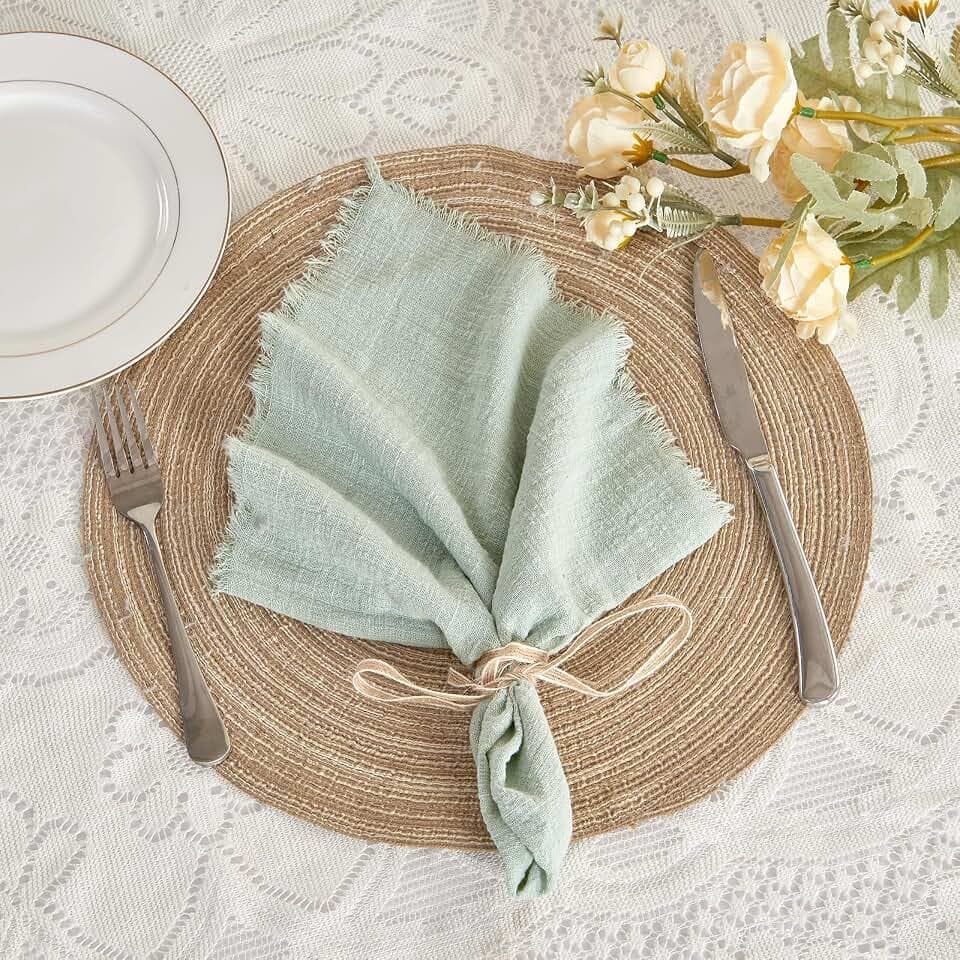 BALCONY & FALCON Baumwollstoff Servietten 12 Stück 50x50 cm mit Sackleinen Rustikaler Stil Waschbar Multipack Geeignet für Ostern Thanksgiving Weihnachten Hochzeiten Partys Bankette Salbeigrün