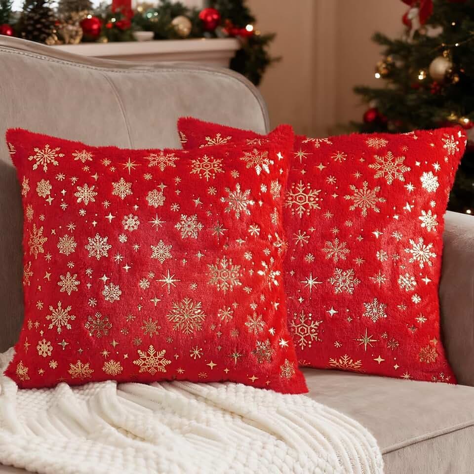 Miaikoe Weihnachtskissen Abdeckungen 50x50 cm, Schneeflocken Glitter gedruckt Dekorative Baum Kissen Abdeckungen Kissenfall Set von 2 für den Urlaub Weihnachtsdekor Sofa Couch Rot