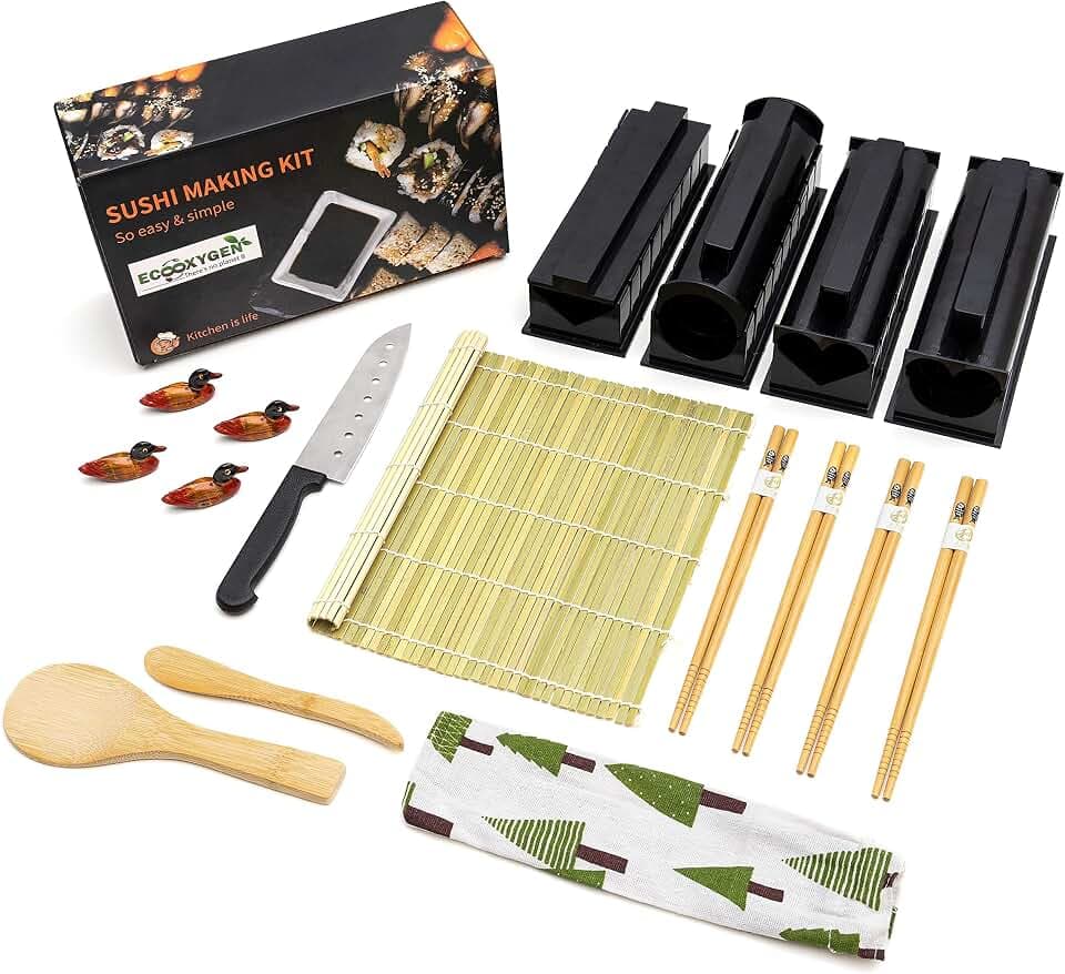 Eco Oxygen Sushi Kit Komplettset 23-teilig + PDF-Vorbereitungsanleitung, Neuheit 2022, professionelles Bastelset, Bambusmatte, 8 Formen x Rolle