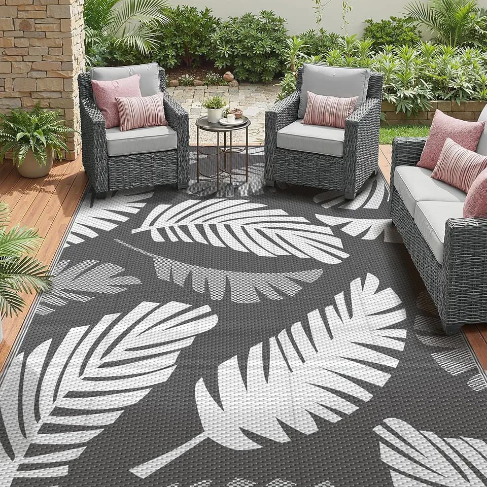 GENIMO Outdoor Rug, Waterproof Plastic Rugs for Patio, 6'x9' GreyWhite
