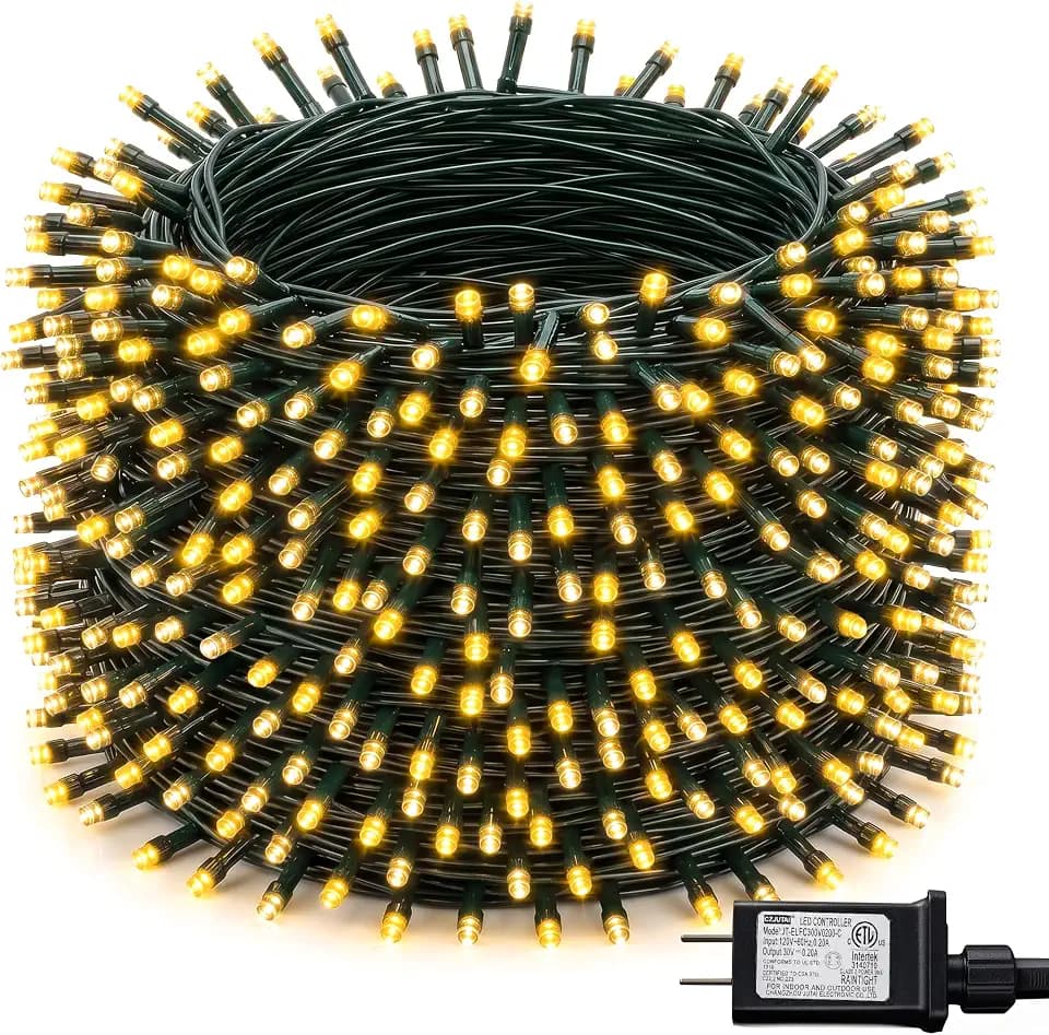 Dazzle Bright Christmas String Lights, 600 LED 196 FT Waterproof Green Wire String Lights with 8 Lighting Modes Timer, Christmas Decorations Outdoor for Party Yard Garden Xmas Tree Decor, Warm White