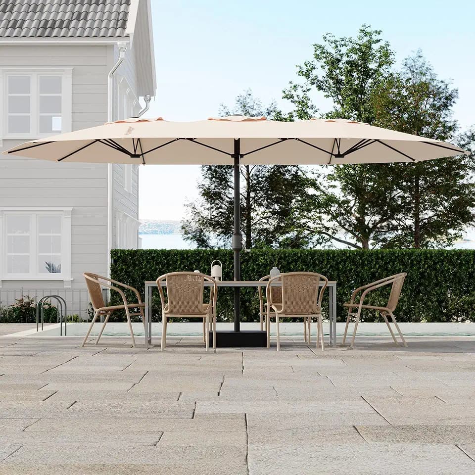 Double-Sided Patio Market Umbrella, 15Ft Large Outdoor Umbrella with Base Included, Double-Topped Outdoor Umbrellas for Poolside Lawn Backyard