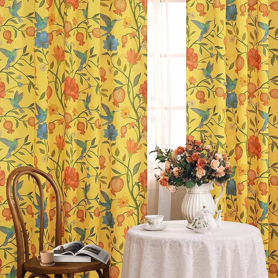JOOJA Mustard Yellow Floral Linen Curtains, Boho Whimsical Bird Print Curtains for Bedroom Window Colorful Patterned Sheer Curtains for Living Room Kitchen 2 Panels 84 Inches Long