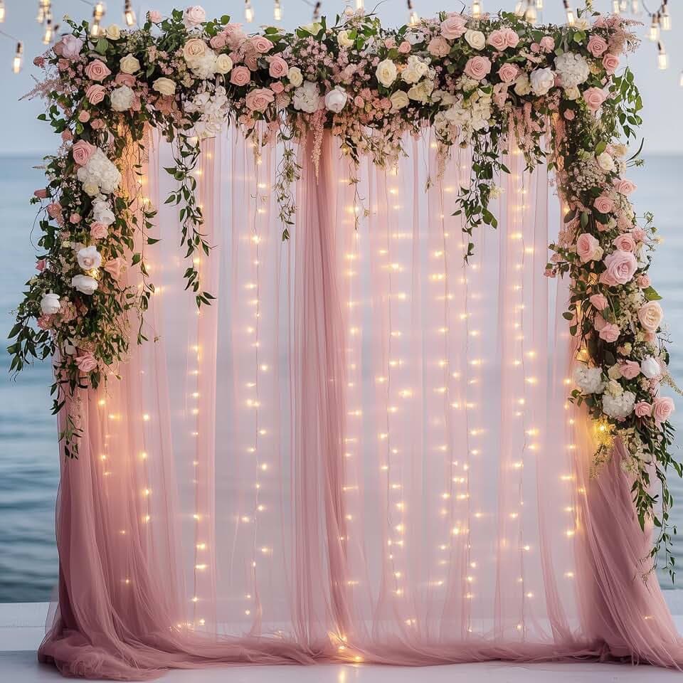 Fomcet Tulle Backdrop Curtains with Lights Dusty Rose 10x8ft Sheer Curtain