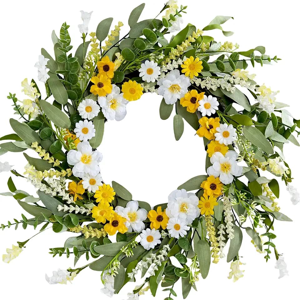 Artificial Spring Wreath 22 Inch Spring Wreaths for Front Door Summer Wreath with White Yellow Daisy Lavender and Green Leaves for Wall Porch Farmhouse Party Easter Celebration