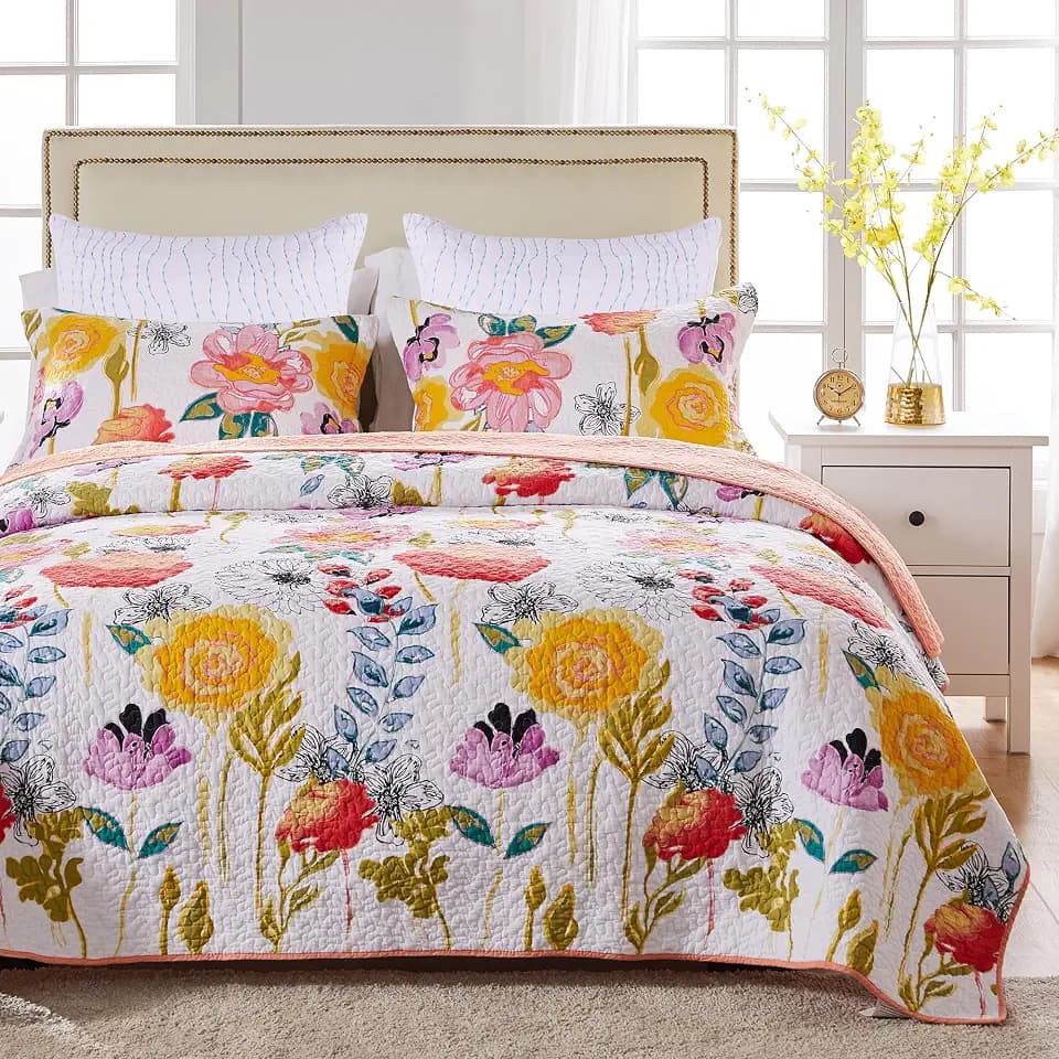 Greenland Home Watercolor Dream 100% Cotton Modern Floral Quilt Set with Euro Shams, 5-Piece Full/Queen, White