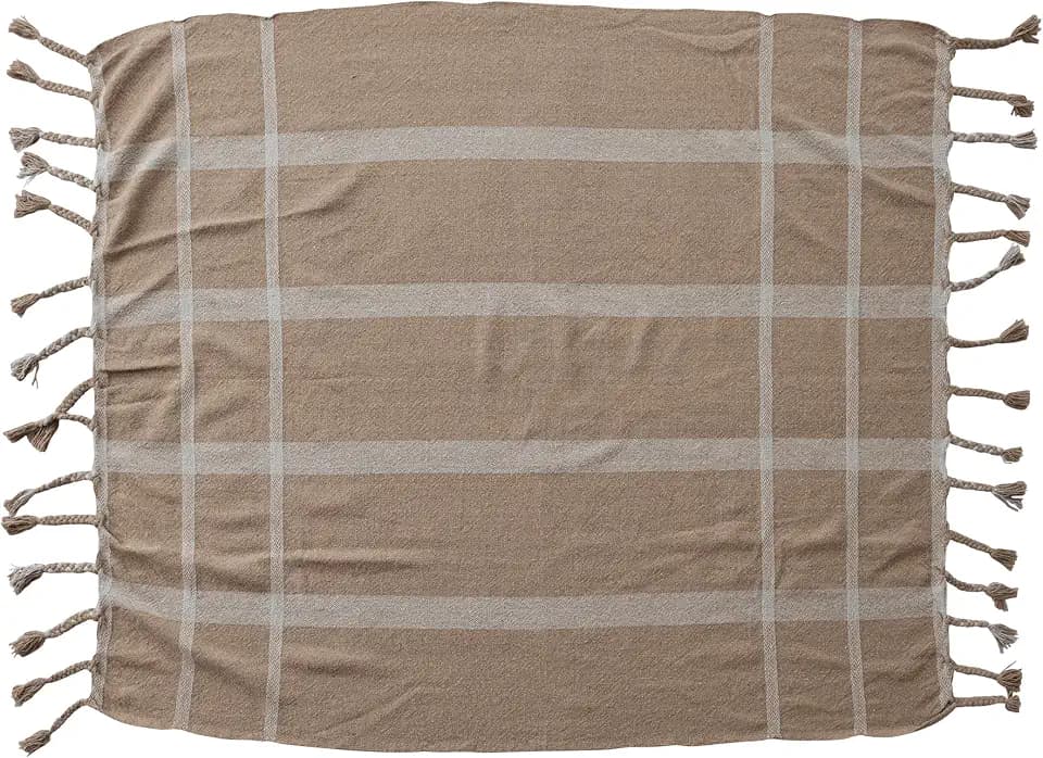 Creative Co-Op Woven Cotton Blend Striped Throw with Braided Fringe, Beige and Natural