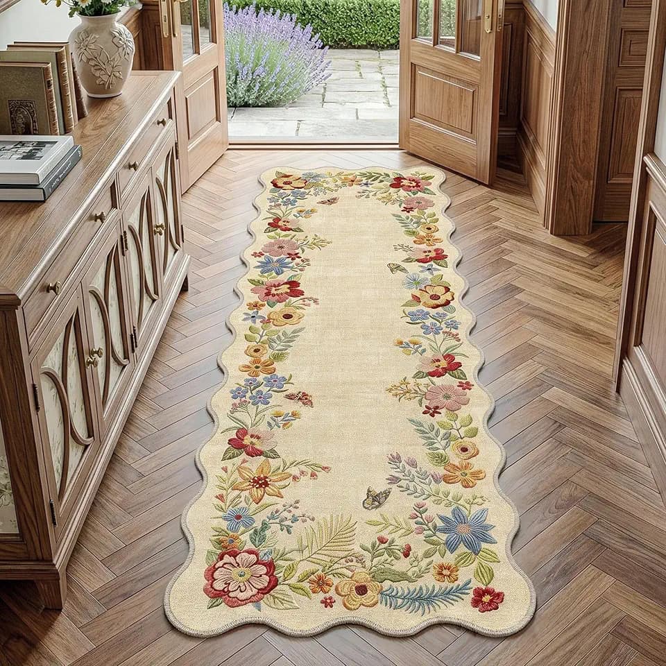 FMFUNCTEX 2x6 Hallway Runner Rug Washable Beige Floral Vintage Scalloped