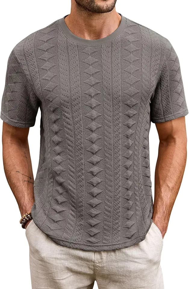 Herberton Mens Textured Tshirt Knitted Crochet Casual Summer Vacation Beach T-Shirt (S-XXL)