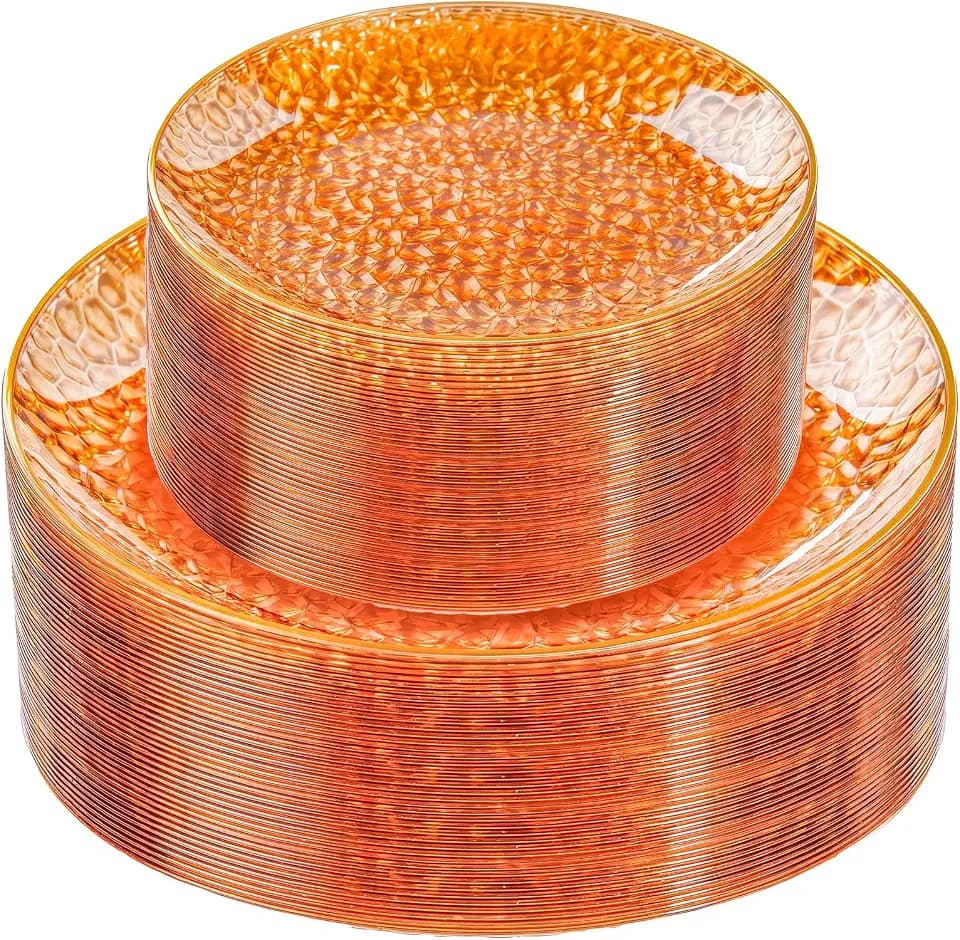 Rubtlamp 60Pcs Orange Plastic Plates, Orange Disposable Plates With Gold Rim, Hammered Plastic Plates Include 30 Dessert Platos, 30 Dinner Platos for Party,Thanksgiving