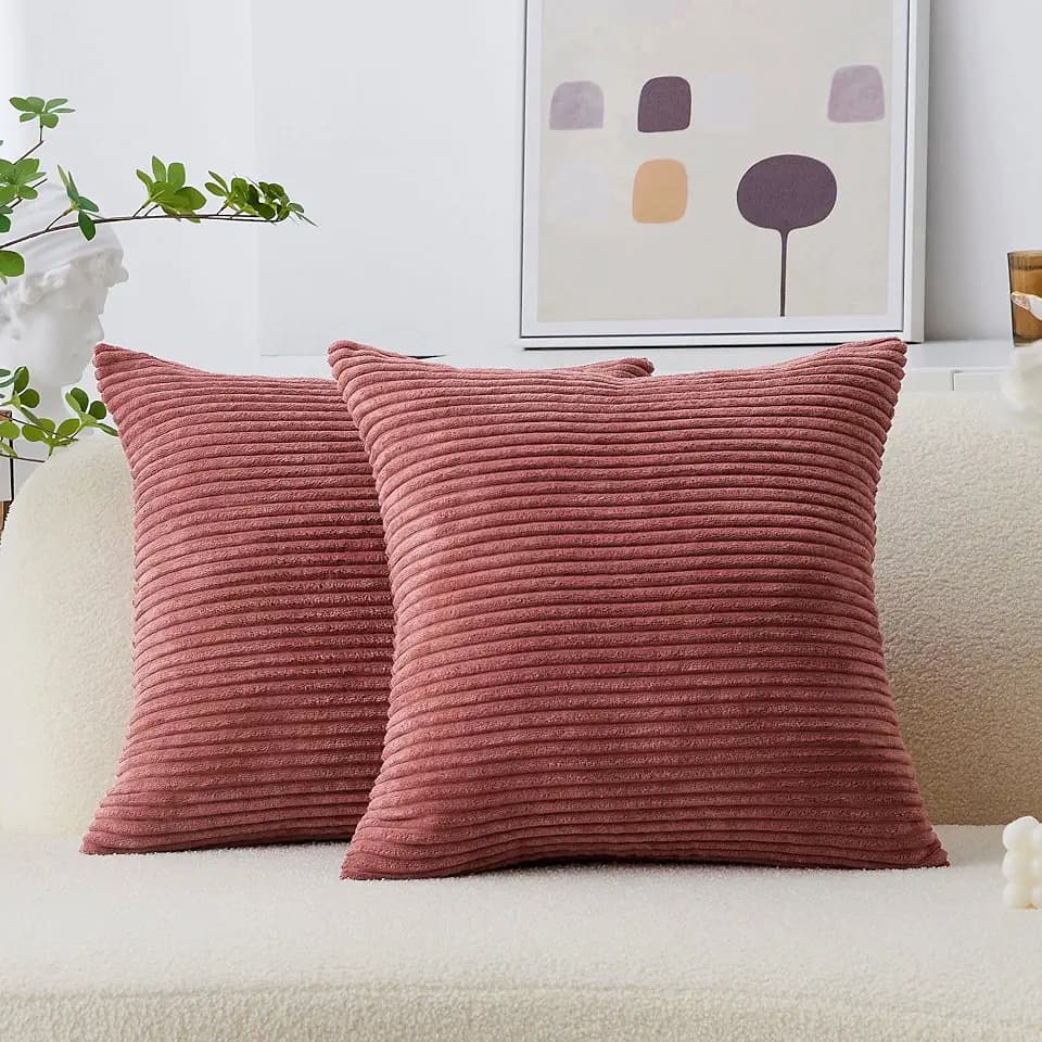Home Brilliant Set of 2 Throw Pillow Covers Striped Velvet Couch Pillow Cushion Covers Decorative Throw Pillows for Bed, 40 x 40cm, 16 x 16 Inch, Dry Rose Pink