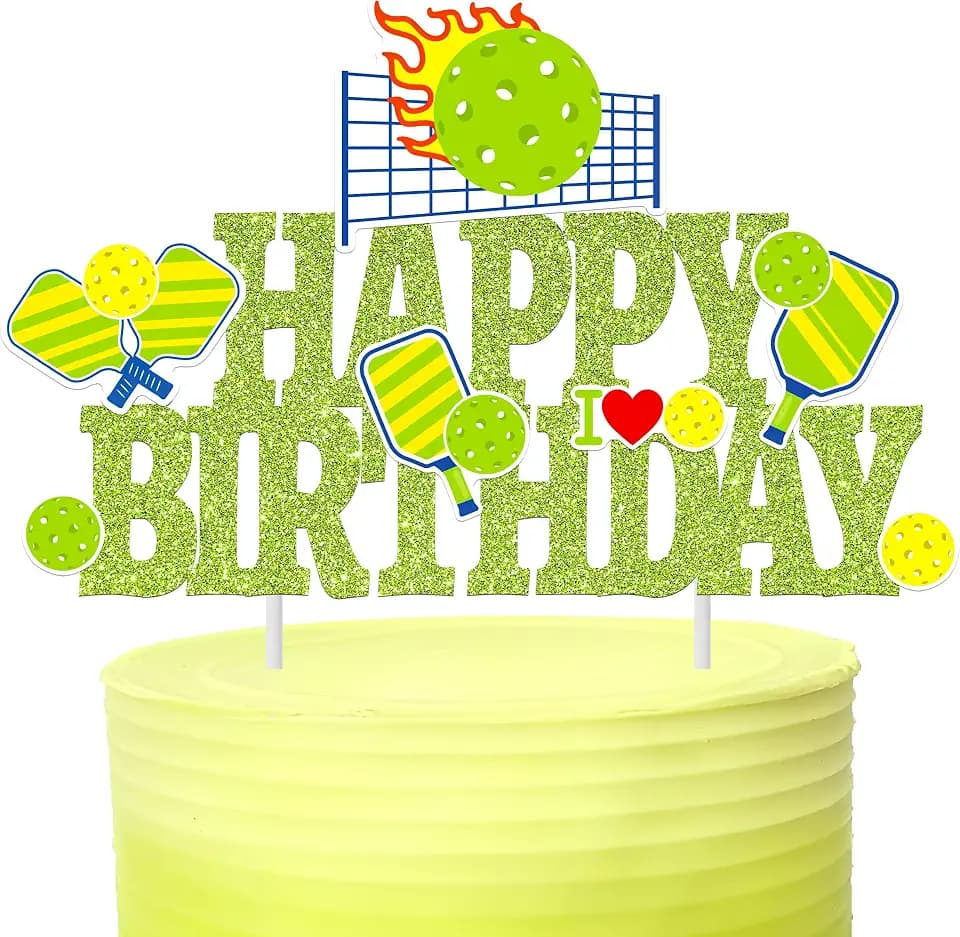 Pickleball Birthday Party Decorations Green Glitter Pickleball Happy Birthday Cake Topper Decoration for Sport Theme Party Baby Shower Supplies