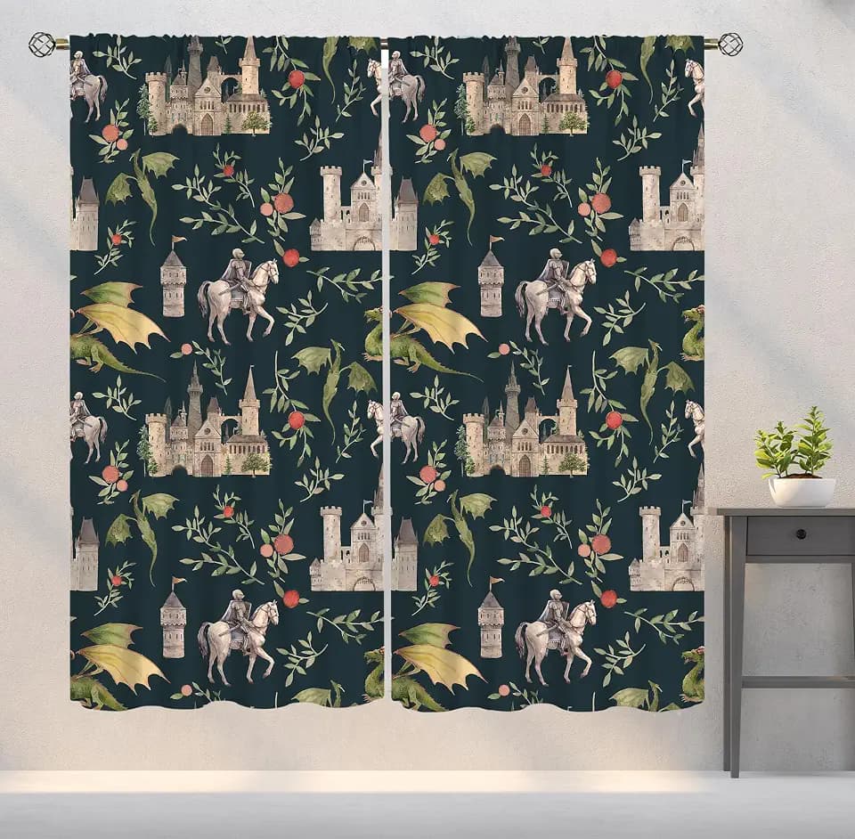 Dragon Curtains, Magical Medieval Castle Dragon Knights and Floral Pattern Window Treatments, Fairy Tale Print Blackout Drapes 2 Panel Set for Living Room Bedroom Kitchen21 W X 54" L