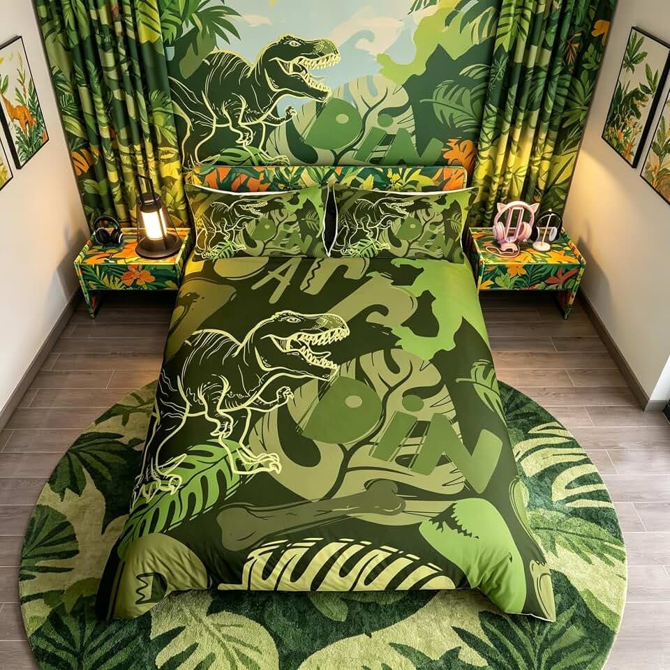Jurassic Dinosaurier-Bettwäsche-Set, T-Rex-Knochen, prähistorische Dschungeltiere, Bettbezug für Kinder, Jungen, Mädchen, niedliches Cartoon-Dino-Bettwäsche und Leinen, Einzelbett