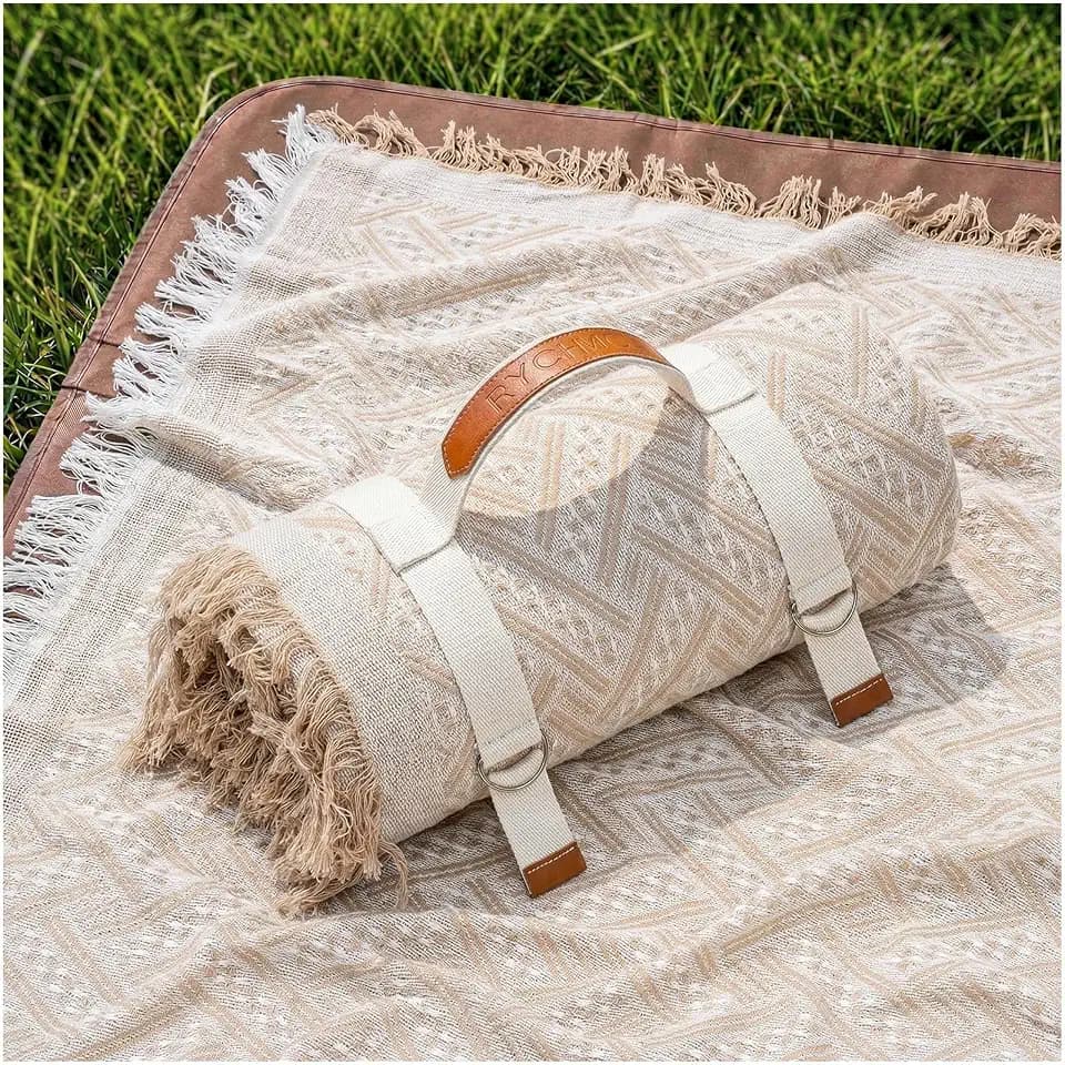 RYCHIC 2 in 1 Extra Large Boho Beach Blanket Towel Sand Free Outdoor Rug Picnic Mat Giant Oversized XL Jumbo Turkish Woven Throw Summer Vacation Essential Travel Must Have Accessories Women Gift
