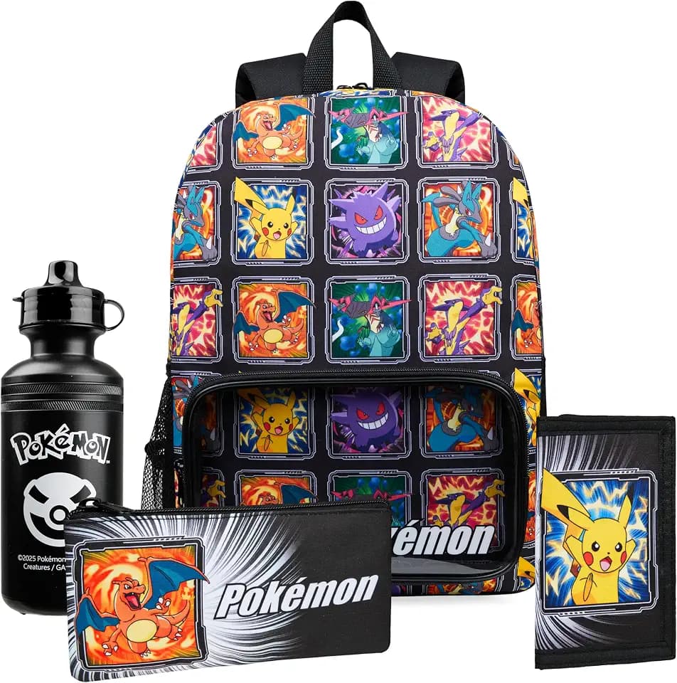 Pokemon Backpack Set 4 Pcs for Kids with Backpack Water Bottle Pencil Case Lunch Bag or Wallet Anime School Supplies Gifts (Multi 4 Pcs Set)