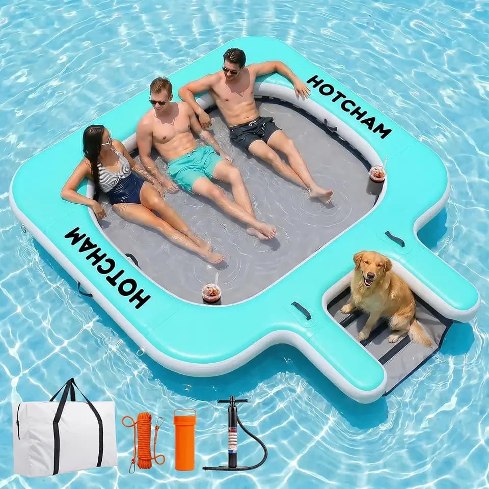 Water Hammock Inflatable Floating Dock with Ramp, Heavy Duty Lake Raft Floating Island Platform, Large Tanning Pool Lounger with Cup Holders for Party