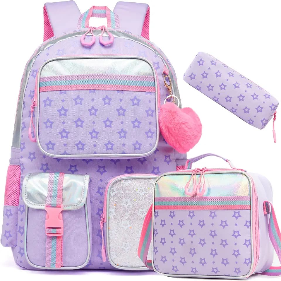 Meetbelify Aesthetic Backpack for Girls - School Backpack with Lunch Box for Elementary to Teen Girls, Cute School Bag, Purple