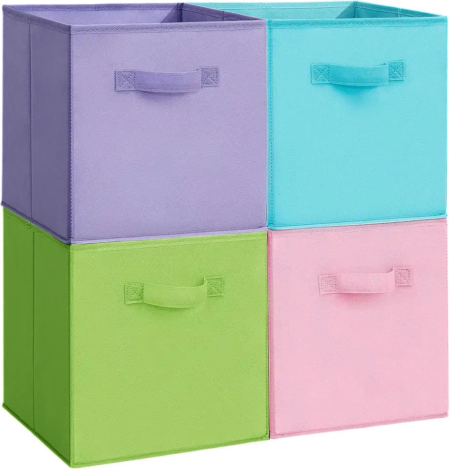 11x11 Storage Bins, Set of 4 Storage Cubes, Collapsible Cube Storage Box, Fabric Closet Organizers with Handles for Home, Office, Closet Shelf Cabinet, Bookcase, Multi-Color