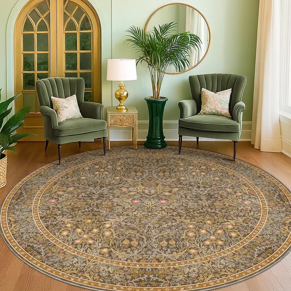 Hazo Haus Boho 8ft Brown Circle Rug for Living Room, Vintage Botanical Floral Area Rug for Dining Room, Bedroom Under Bed, Non Slip with Rubber Backing, Southwestern Home Décor