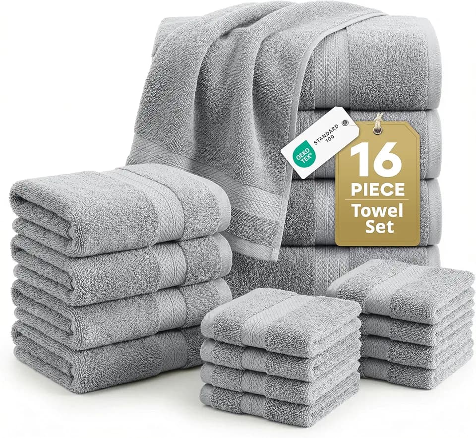 100% Cotton Bath Towels Set Soft Absorbent Quick Dry 16 Piece - Grey