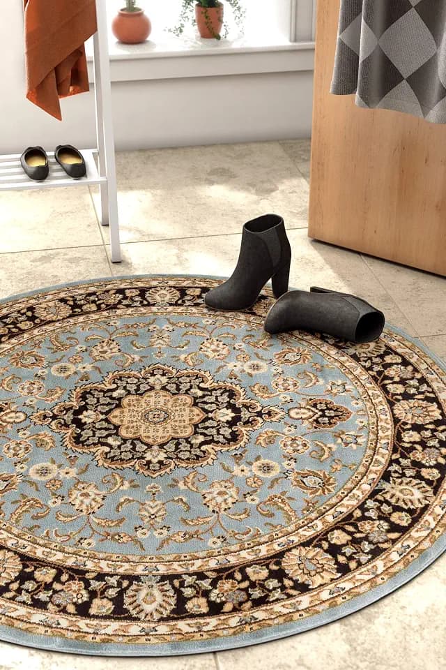 Well Woven Barclay Collection Medallion Kashan Light Blue 5 ft Round Rug - for Living Room, Bedroom, and Dining Room