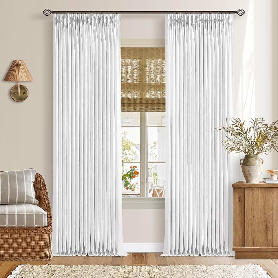 Pinch Pleated Linen Light Filtering Curtains 105 Inches Length Snow White