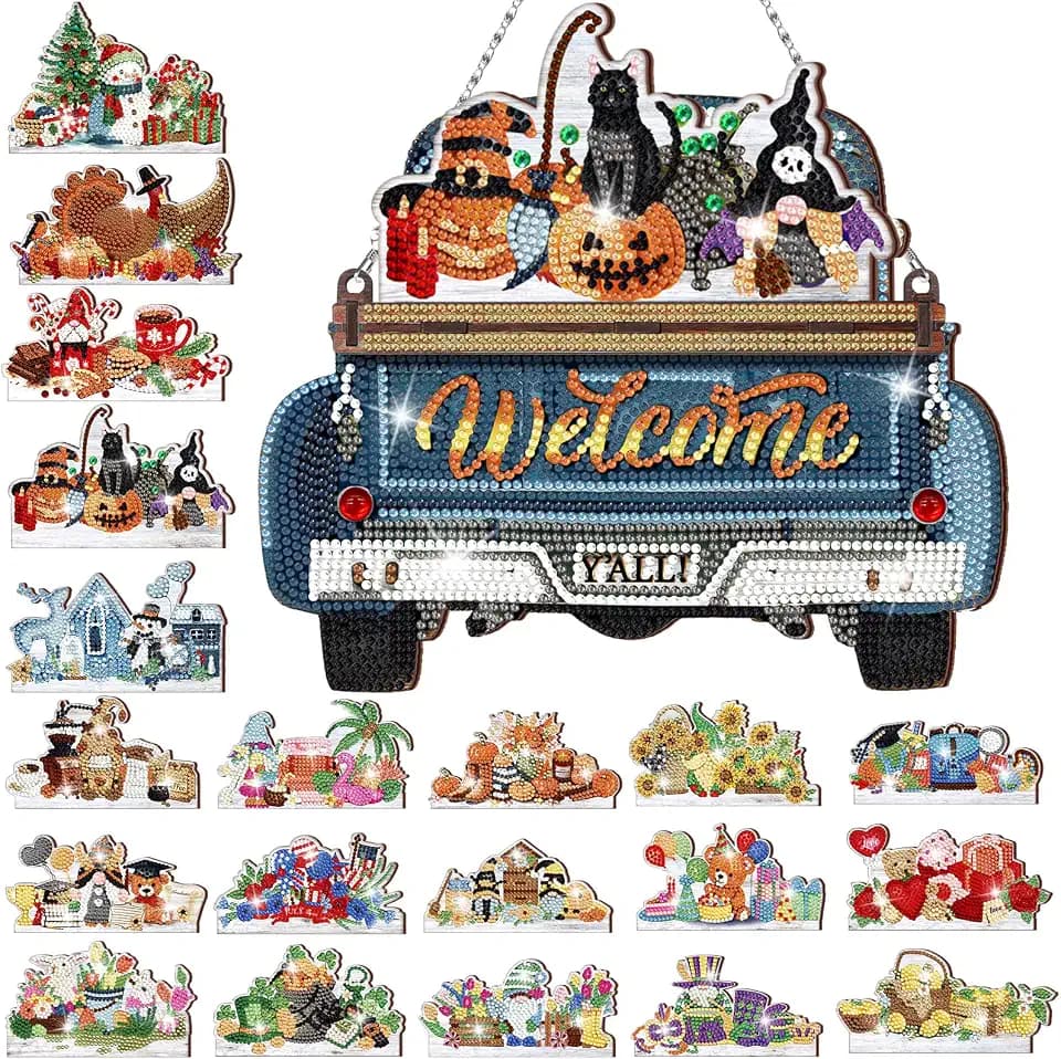 Burbell 21 Pcs Interchangeable Diamond Painting Welcome Sign Blue Truck