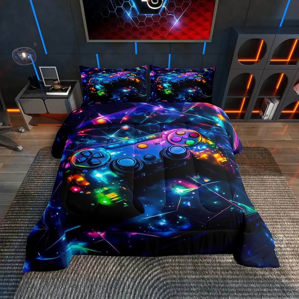 Feelyou Kids Gamer Comforter Set Twin Size, Galaxy Gaming Bedding Set Glitter Game Comforter Boys Girls Gamepad Teens Duvet Set Bedroom Decor Bed Set 2Pcs