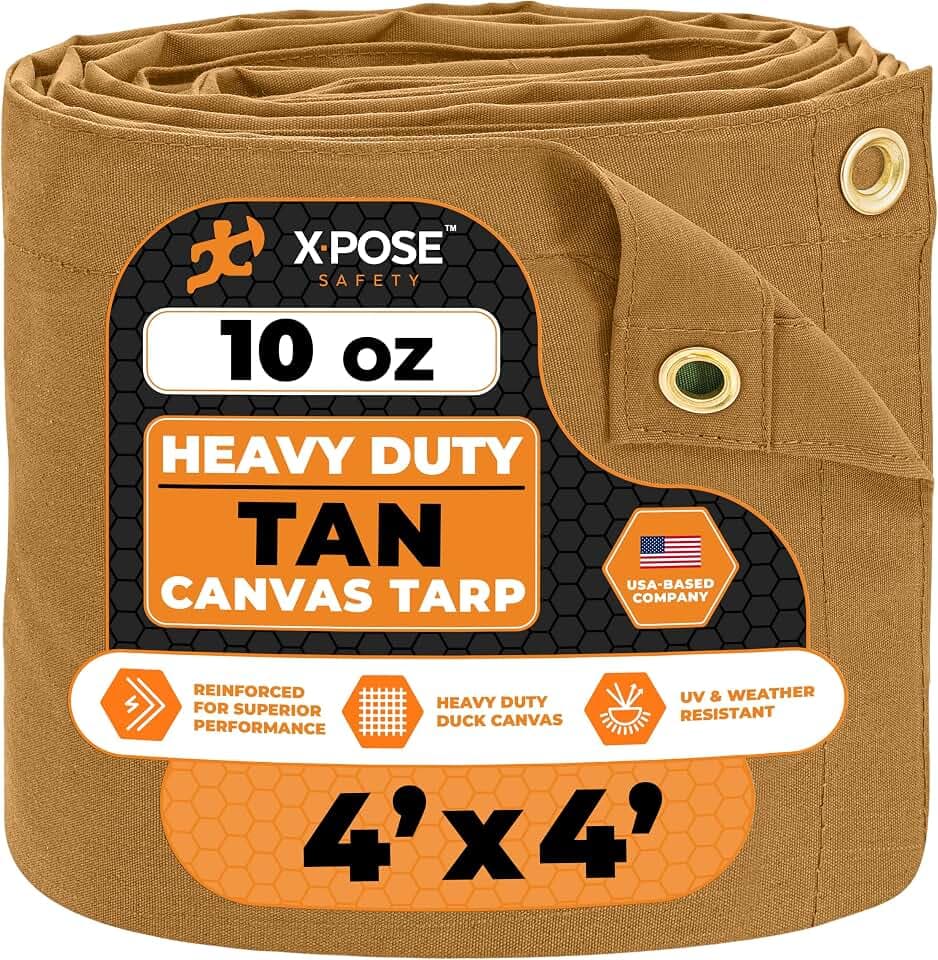 Xpose Safety Canvas Tarp - 10oz Tan Canvas Tarps Heavy Duty Water Resistant with Brass Grommets- Multipurpose Outdoor Tarpaulin for Camping, Canopy, Trailer, Equipment Cover 4' x 4'