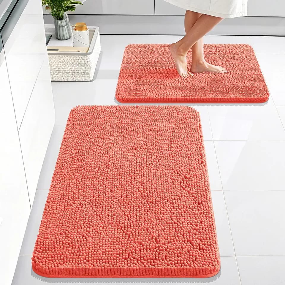 OLANLY Chenille Bathroom Rugs Mats Sets 2 Piece, 30"x20"+24"x16", Coral