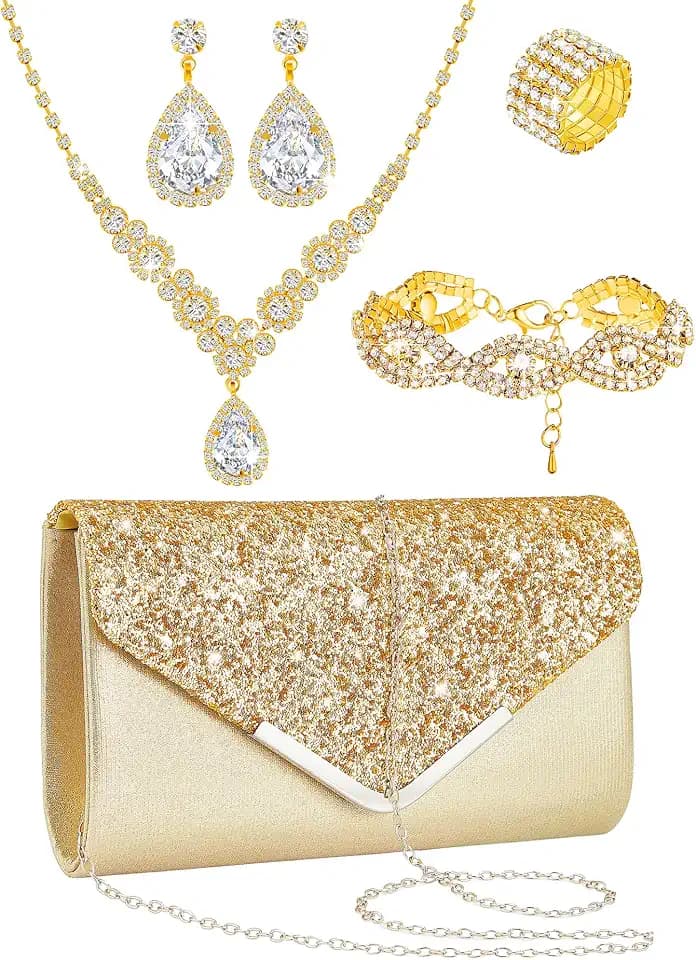 Henoyso 5 Pcs Rhinestone Jewelry Sets Prom Purse Jewelry Rhinestone Clutch Purse Bride Necklace Earrings Bracelets for Women