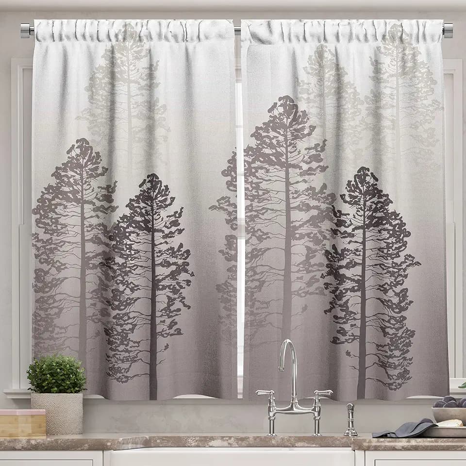 Ambesonne Country Kitchen Curtains, Pine Trees in the Forest on Foggy Seem Ombre Backdrop Wildlife Adventure Artwork, Window Drapes 2 Panel Set for Kitchen Cafe Decor, 55" X 39", Warm Taupe