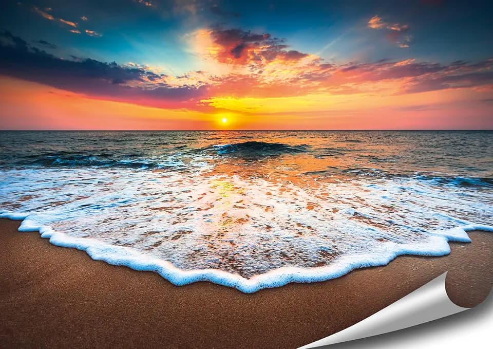 4FINO Meer Strand Poster Natur Bilder Foto Kunstdruck Wandbild Moderne Wand Dekoration Wohnzimmer Schlafzimmer Küche (Welle, Sonnenuntergang, 100 cm x 70 cm, ohne Rahmen)