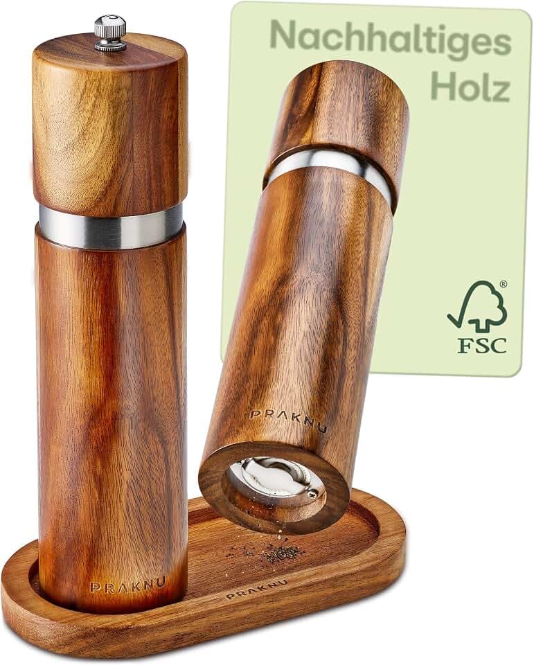 Praknu Salz und Pfeffermühle Set Akazien Holz – Gewürzmühle – Untersetzer