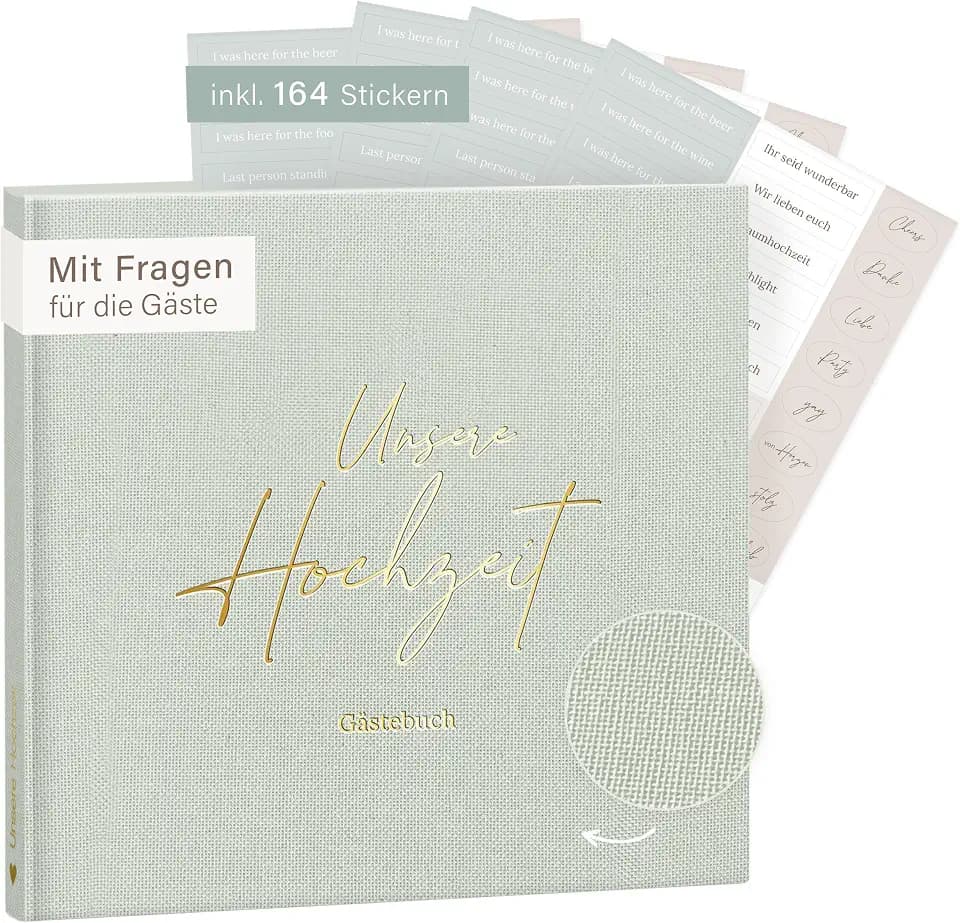 mintkind® Gästebuch Hochzeit Salbei - Hochzeitsbuch mit Fragen, 84 Seiten zum Ausfüllen & Gestalten, inkl. 4 Stickerbögen - Hochzeitsgeschenk für Brautpaar, Hochzeit Deko, Goldene & Silberne Hochzeit