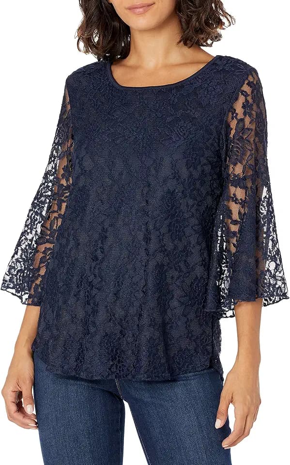 Star Vixen Stretch Lace Bell-Sleeve Keyhole Back Cutout Top - Lined Shirt