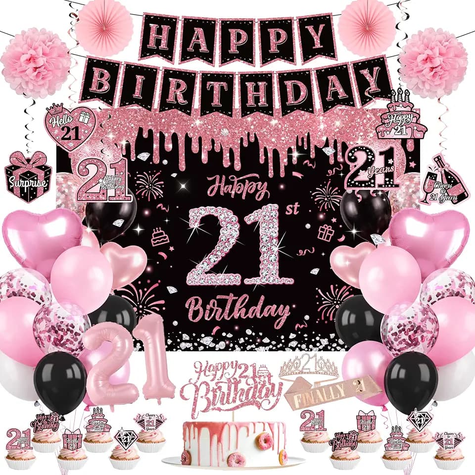 DMIGHT 55-Piece Pink Black 21st Birthday Decorations for Women