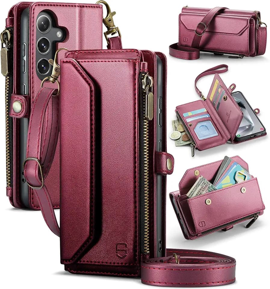 Strapurs for Samsung Galaxy S25 5G - Zipper Strap Wallet Case, Wine Red