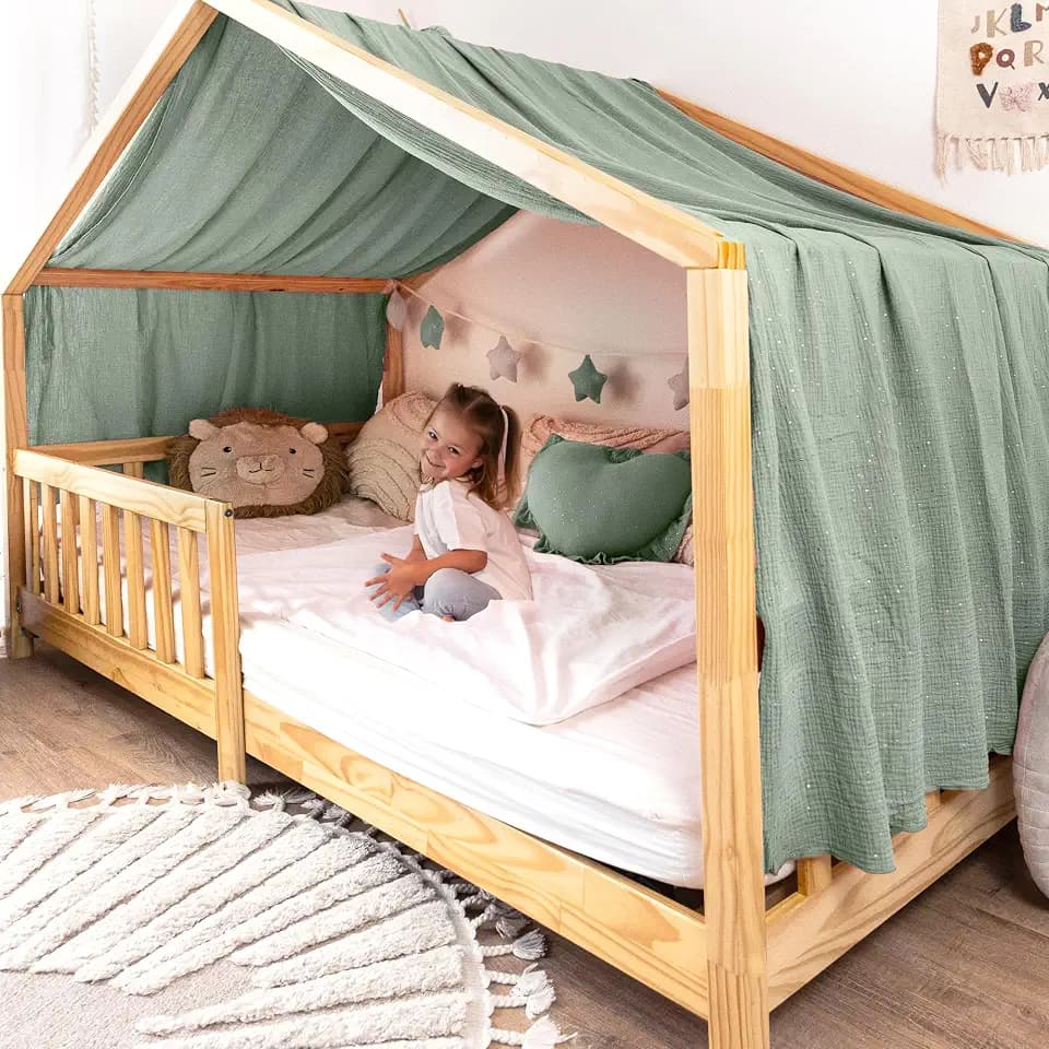 lilimaus Hausbett Himmel mit Gold Applikation [in 12 Farben] Betthimmel Hausbett aus 100% Baumwolle Musselin - Stoffhimmel für Hausbett Deko Mädchen & Jungen - Himmel für Hausbett Kinderbett Vorhang
