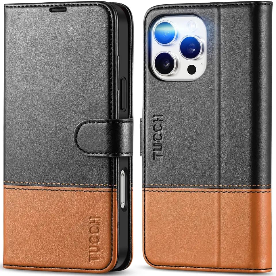 TUCCH Case Wallet for iPhone 16 Pro Max, RFID Blocking Folio, Black & Brown