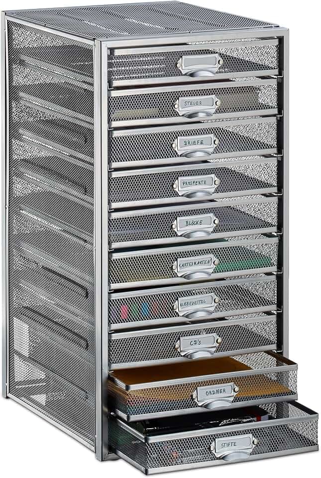 Relaxdays Schubladenbox, 10 Schubfächer, für Din A4 Dokumente, silber | Ordnungssystem für Schreibtisch, Aktenablage