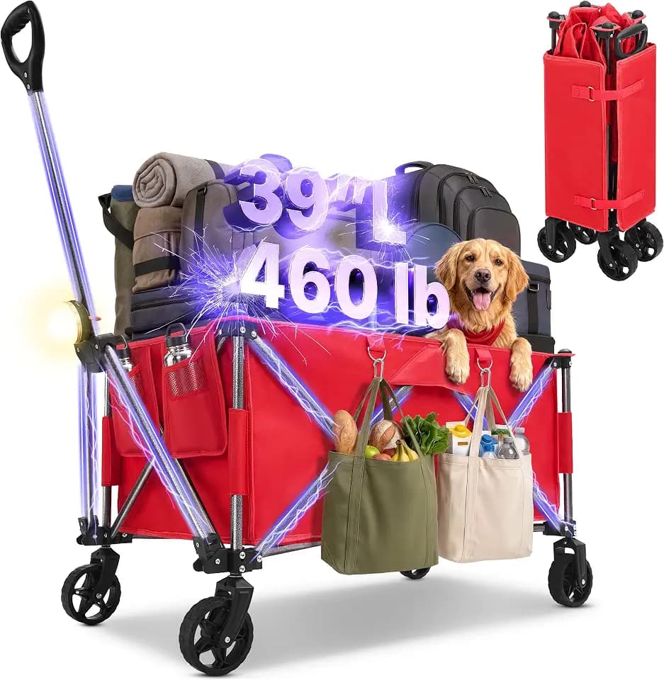 39" L Collapsible Wagon with All-Terrain Wheels, 460 lbs Foldable Cart with Detachable Flashlight, Pockets & Flexible Steering Handle, Red Utility Heavy Duty Folding Beach Wagons Carts