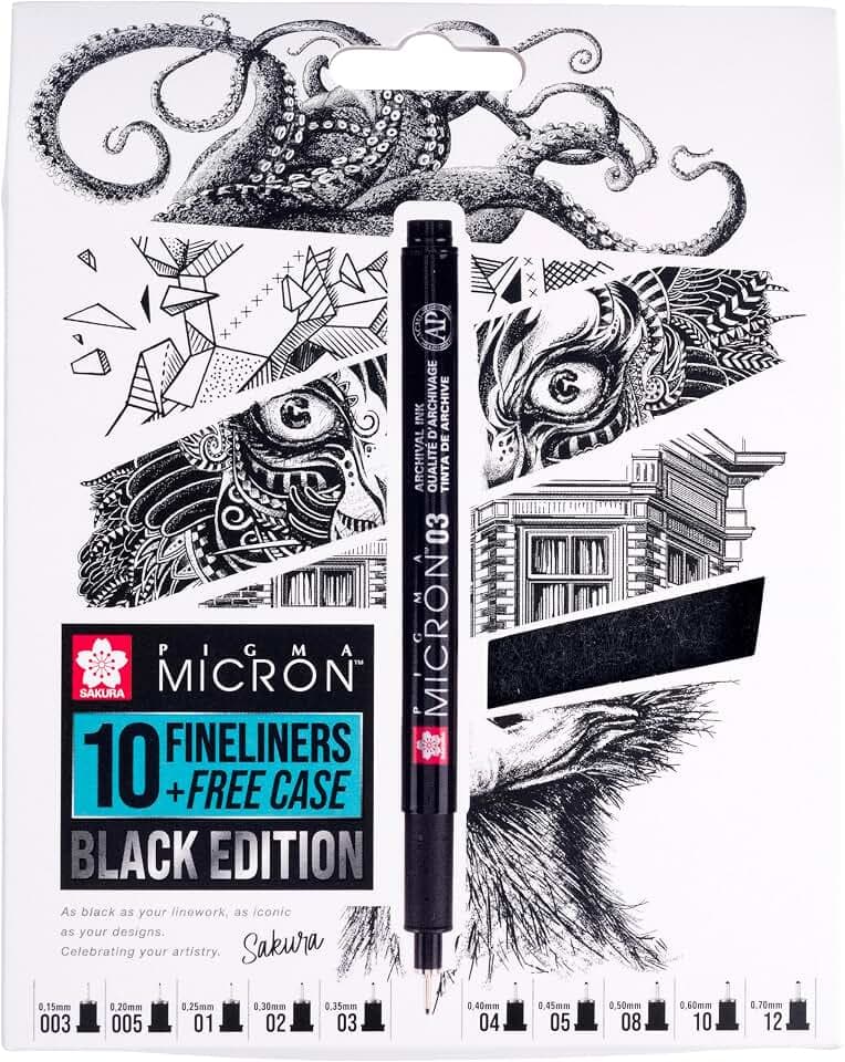 SAKURA Pigma Micron Fineliners 10er Set + Etui | Wasserfeste schwarze Tinte, verschiedene Größen | Stifte zum Schreiben, Zeichnen & Journaling
