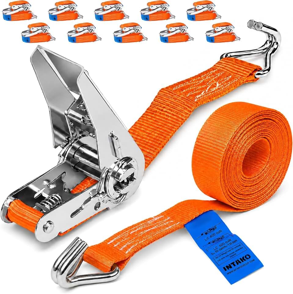 INTAKO Spanngurte mit Ratsche und Haken 4m (3,5m + 0,5m) - 800kg 25mm - TÜV & DIN Geprüft - 2-teilig Zurrgurte, Ratschengurte, Spanngurt für Anhänger (Orange, 4m (10 Stück))