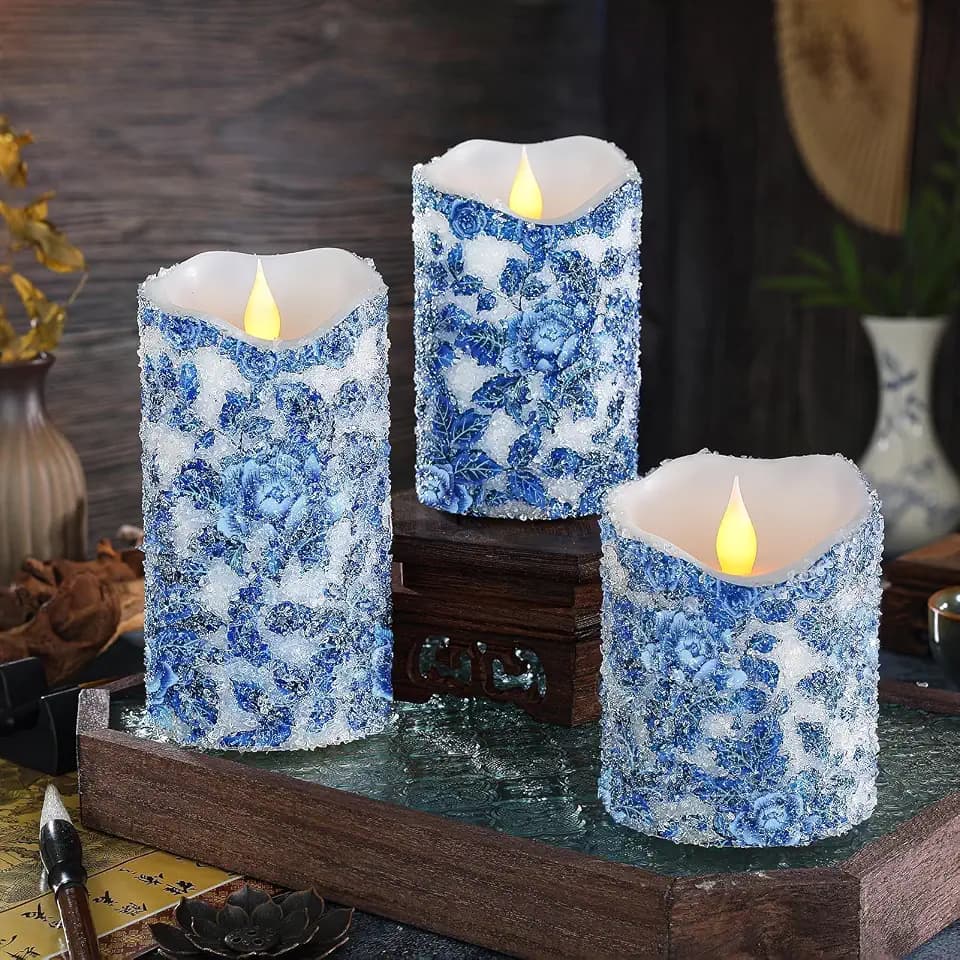 3 Pcs Blue and White Flameless Candles, Chinoiserie Decor Battery Operated LED Candles with Remote and Timer, Blue Candles with Floral Print, Wave Top Pillar Faux Candles for Wedding Home