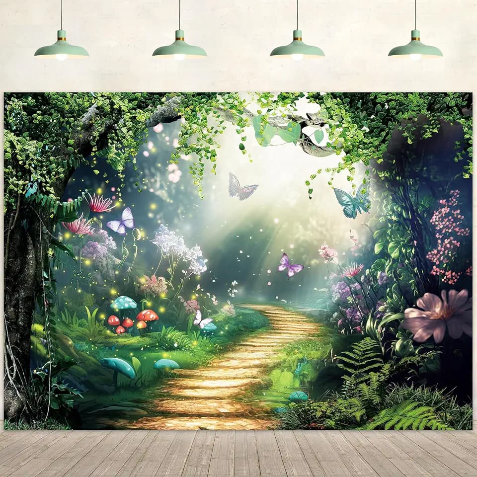 Fairy Woodland Tale Backdrop 8Wx6H Feet Enchanted Green Spring Butterfly Flower Princess Birthday Wedding Polyester Fabric Magic Photography Backgrounds Photo Shoot Decor Props Decoration