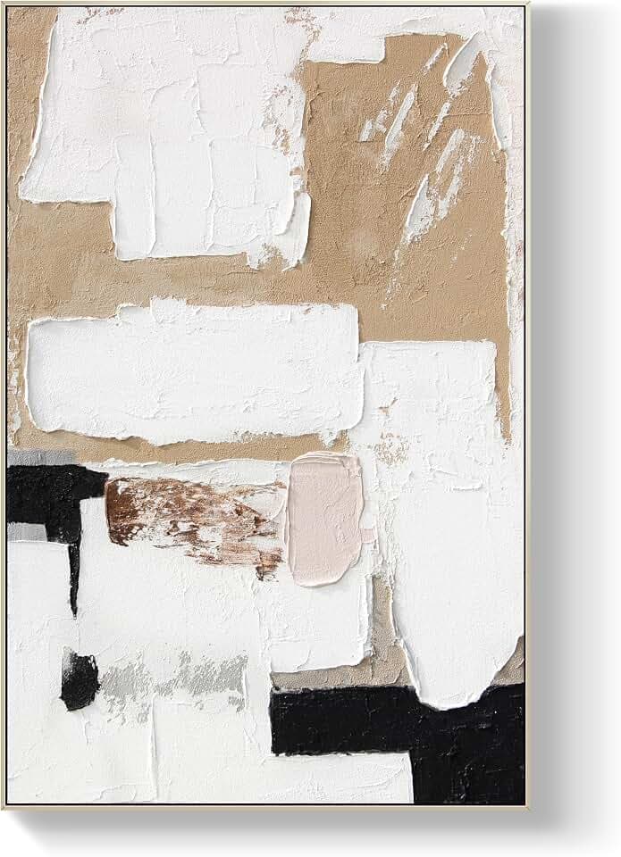 GeekMacro Neutral Tone Textured Wall Art - Hand Painted Oil Painting 45x30 Abstract White Beige Black Framed Artwork Bedroom Living Room Vertical Wall Decor