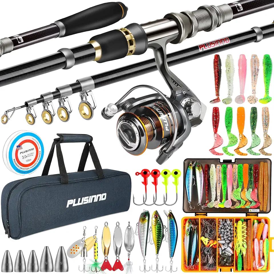 PLUSINNO Fishing Rod and Reel Combo Pole Gear Kit Telescopic Beginner