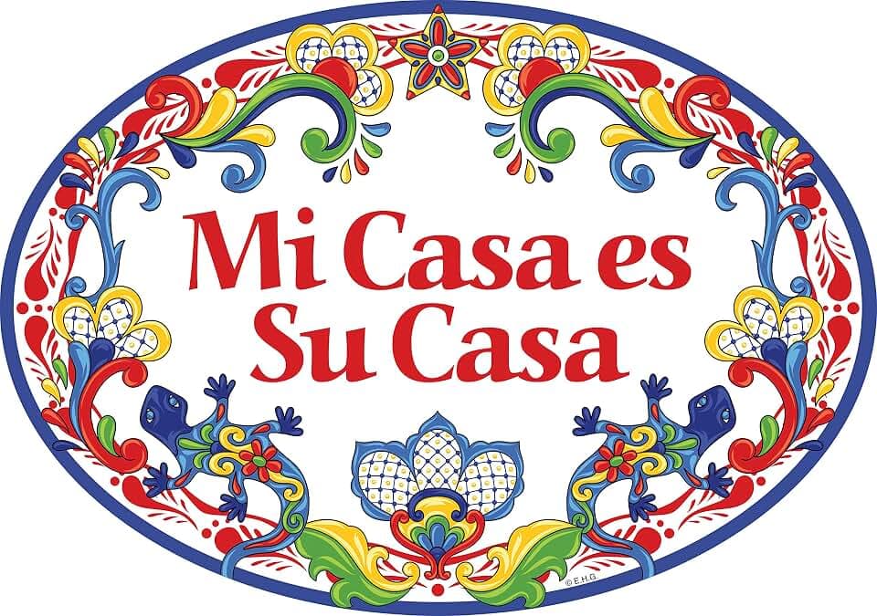 E.H.G. - 'Mi Casa es Su Casa' Quality Ceramic Front Door Decor - Unique 11x8 inch Bienvenidos Sign Banner - Traditional Artwork - Spanish Regalo Hispanic Gifts - Red-Blue Border